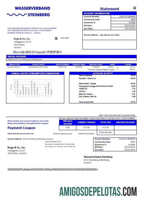 Para baixar modelo de conta de serviços públicos de água Wasserverband Steinberg da Áustria em formato Word e PDF